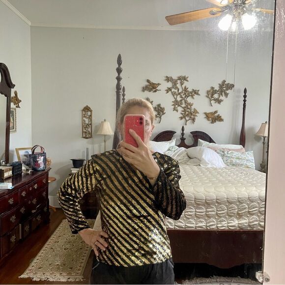 Vtg gold & black sequin striped dressy long sleeve blouse - Picture 2 of 11